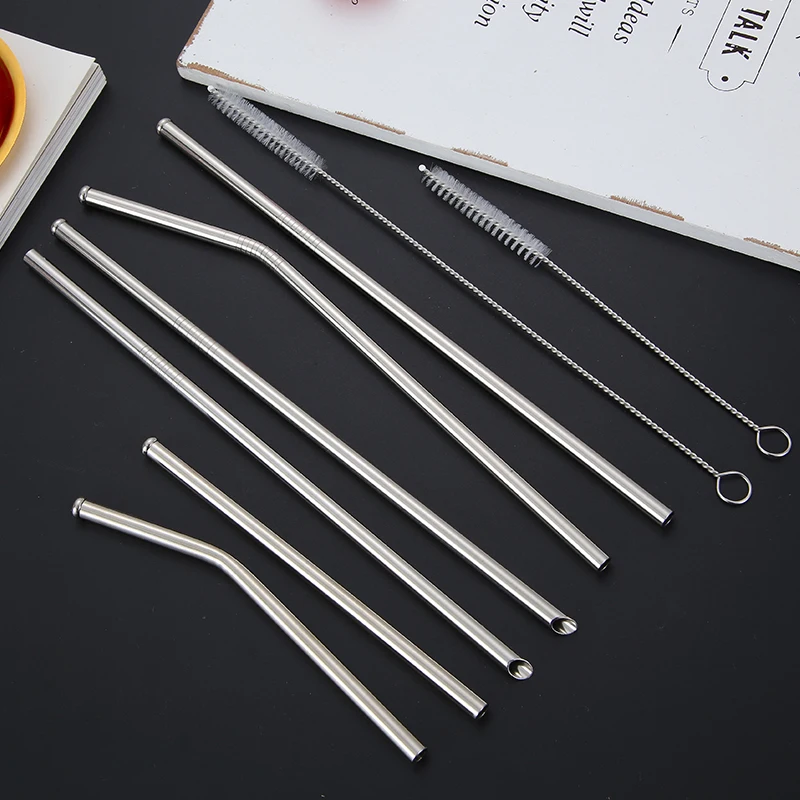 Bar Accessories Stainless Steel Straw Bevel Drinking Straw with Linen Pouch and Cleaning Brush