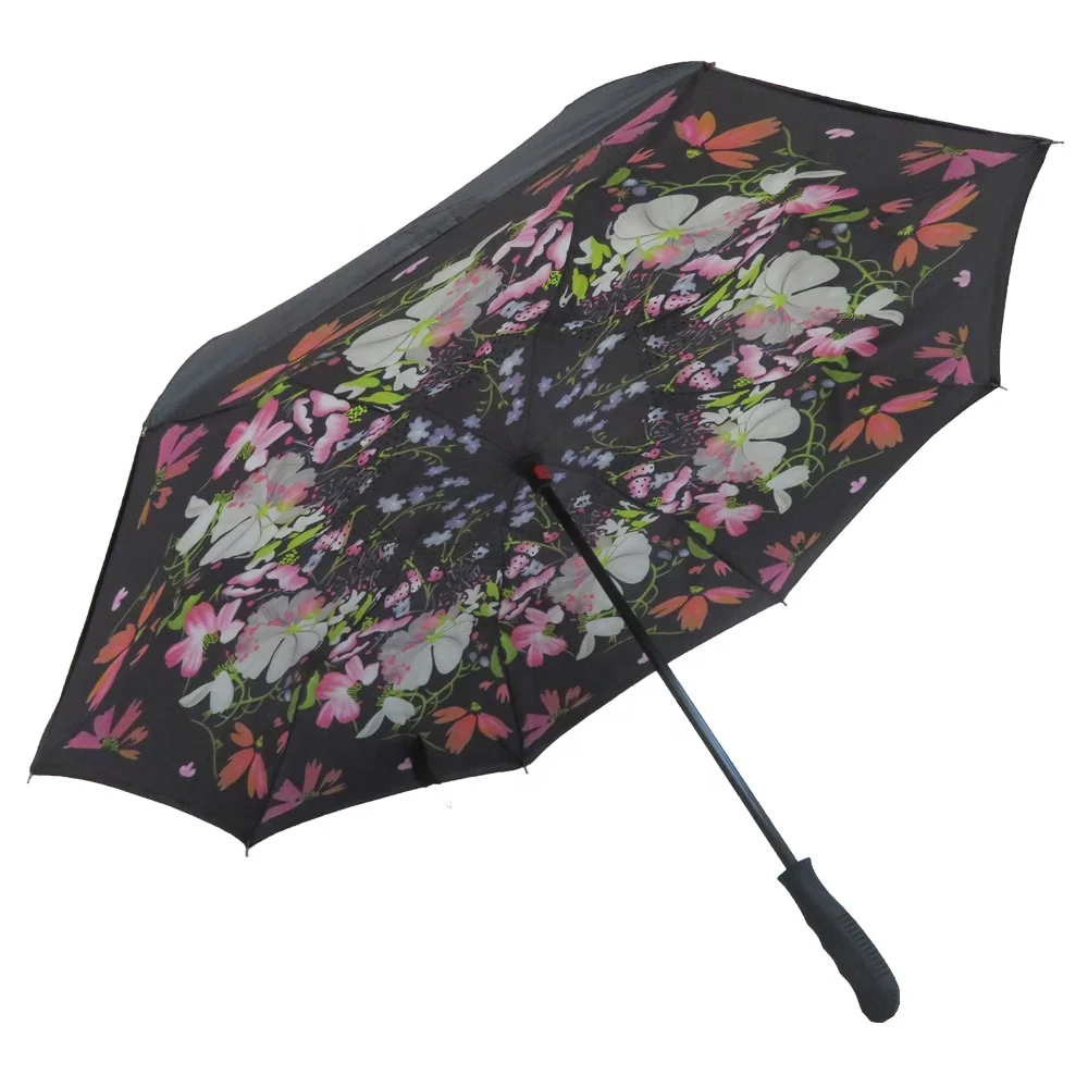 23 inch reverse flower print double layer hands free black handle umbrella