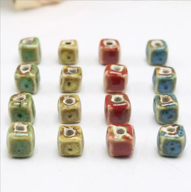 CC1822 Vintage Square Ceramic Beads, Handmade Pottery, Porcelain Beads for Jewellery Making