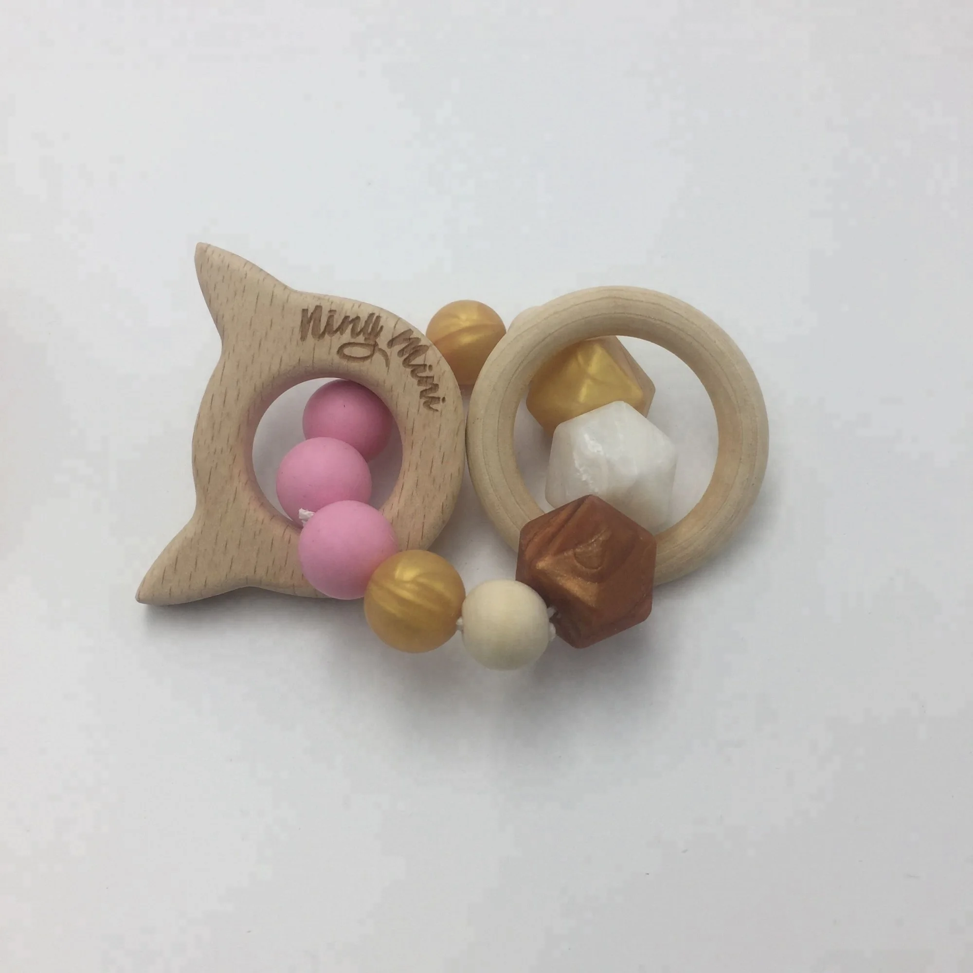 Wholesales Baby Food Grade Silicone Beads Teether Bracelet Toys With Wooden Logo Engraved Ring Teethers MFB-220