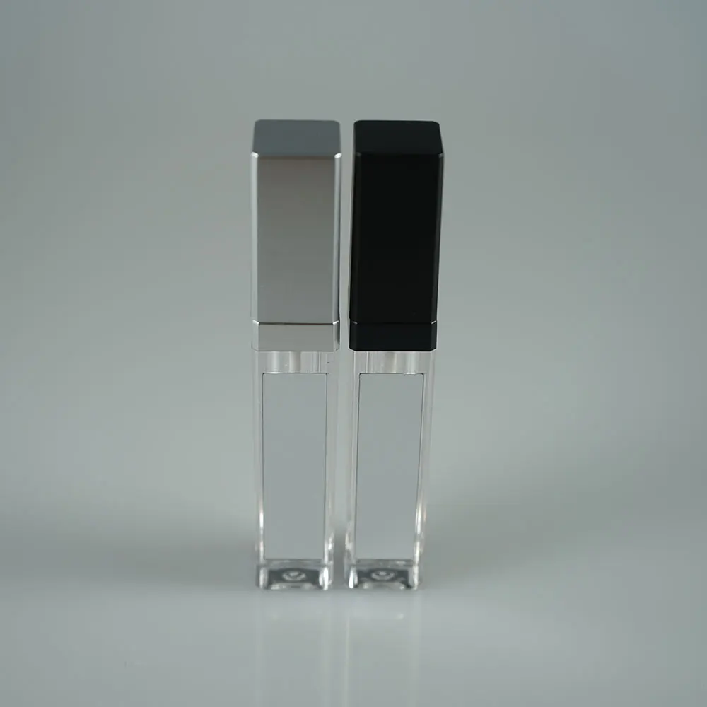Wholesale silver square 8ml LED light lip gloss tube / black lip gloss packages with mirror