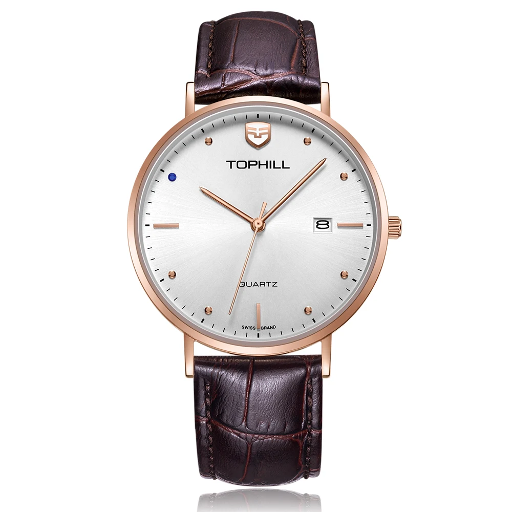 Minimalist Stainless Steel Case Back Genuine Leather Band Slim Stone Quartz Wrist Watch Japan