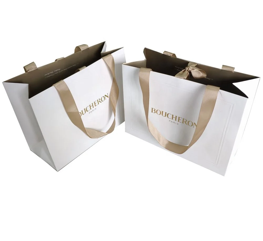 Custom Printed Paper Bags Cardboard Luxury White Kraft Paper Gift Bag With Ribbon Handle For Shopping Bag With Your Own Logo