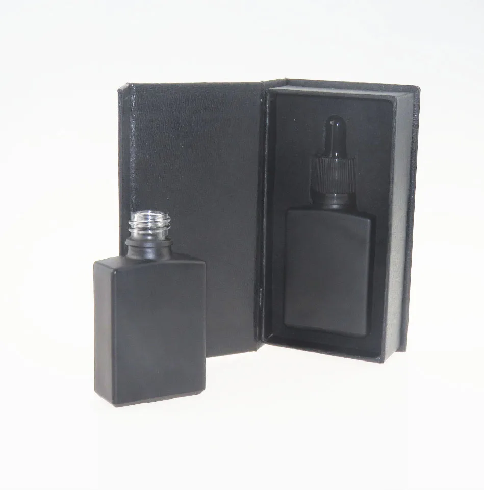 
frosted matte glass dropper bottle 30ml black white rectangle eliqiuid beard oil bottle with custom paper packing box 
