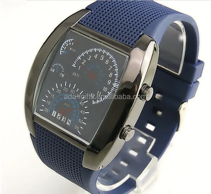 2016 fashion mirror led watch flash blue white light pu sport led watch