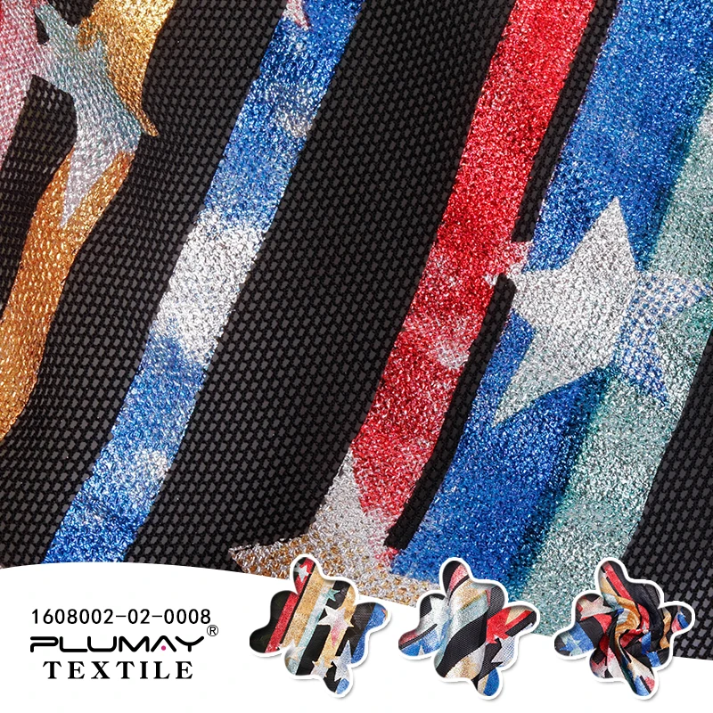 Shaoxing keqiao new style star foil rainbow stripe knitted mesh fabric for dress clothing textile custom elastic fashion ripstop
