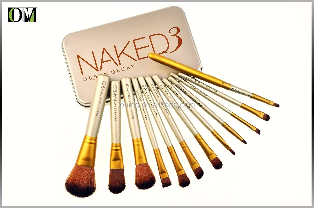 OUMO--Nake3 short handle portable 12pcs champagne makeup brush set iron box with private label