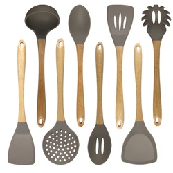 Hot Selling Non-stick Heat-resistant Wholesale 8 piece Silicone Kitchen Cooking Utensil Set with Wood Handle