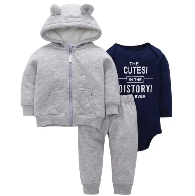 Fall winter 3pc pants set cotton newborn infant baby hoodie layette bodysuit onesie set