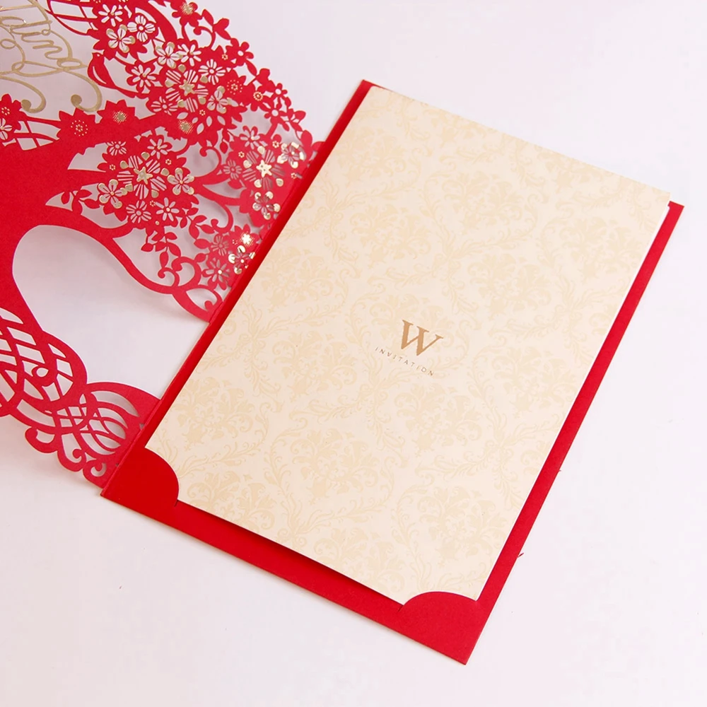 
Laser Cut Tree Wedding Invitations Cards Personalized Customized Printing with Envelope Red and Gold Color 