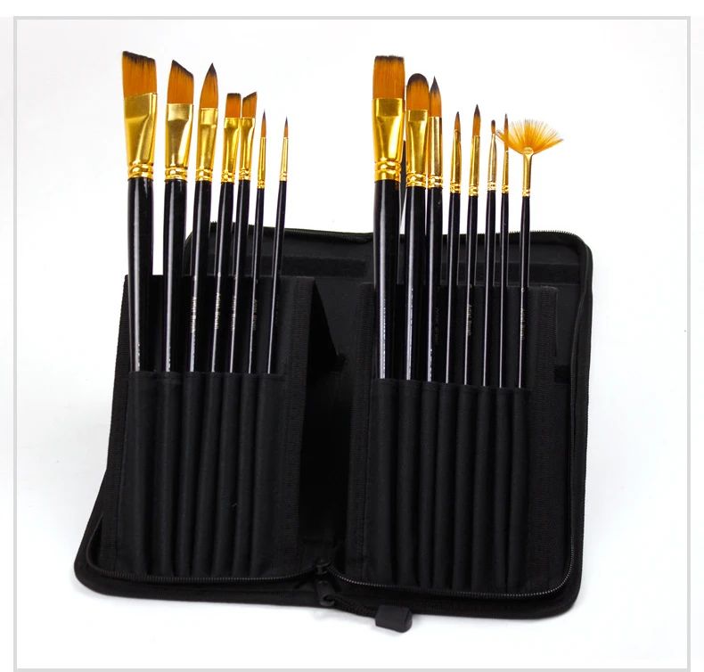 
Factory Supply 15pcs Nylon Hair Artist Paint Brush Good Quality Painting Art Brush with Canvas Bag 