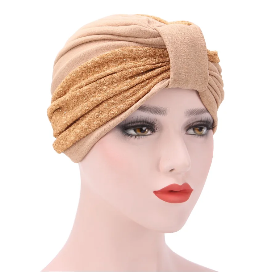 Autumn and winter new arrive turban headdress two-color mosaic folds muslim women bandana cap India arabic custom hair turban