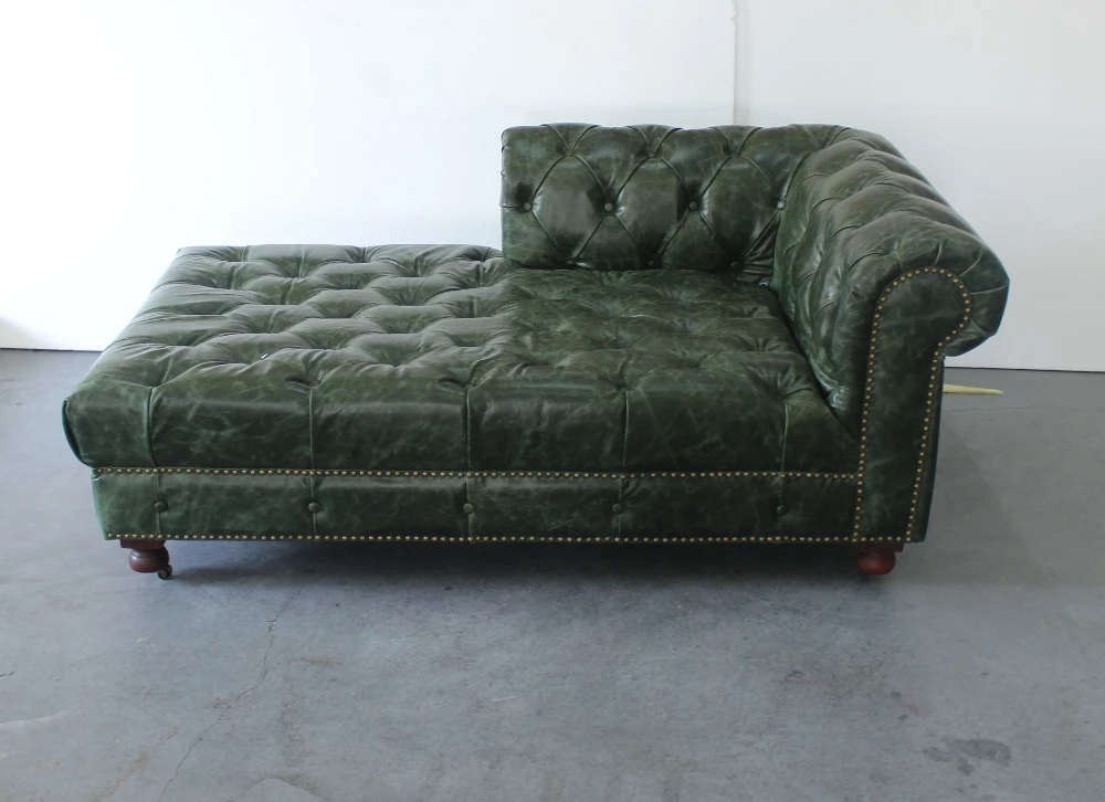 Antique green vintage leather button tuft chesterfield couch