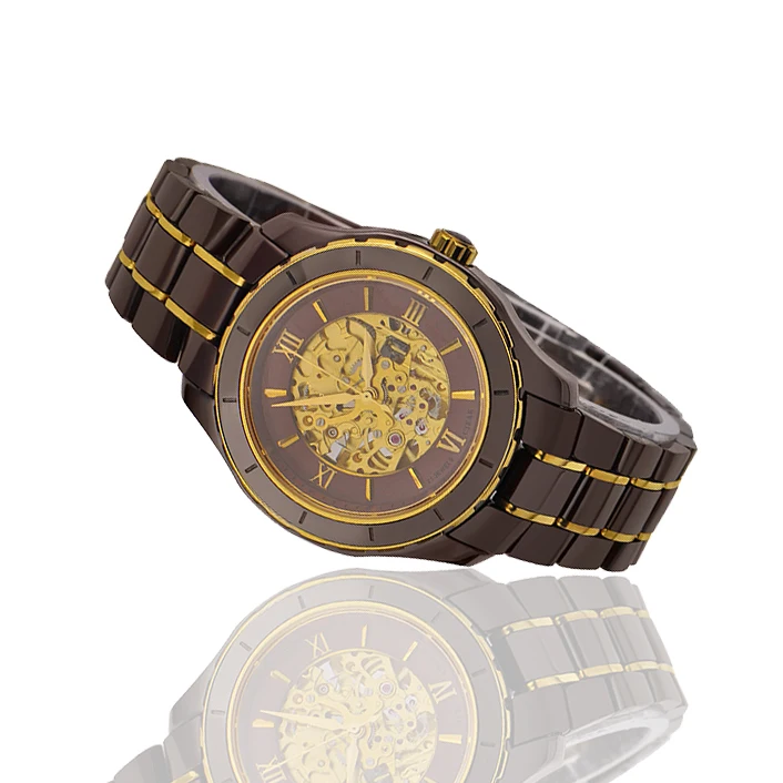 OEM Factory Skeleton Watch Mechanical Automatic Coffee Ceramic Watch Men