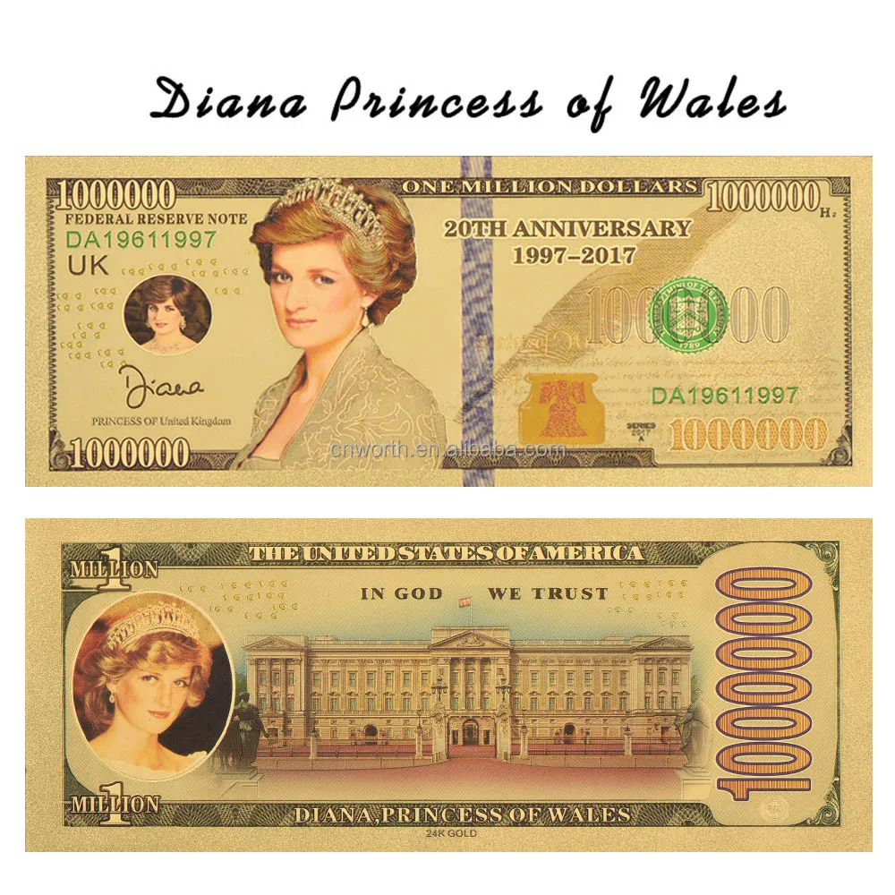 1 Million Dollar Diana Princess Challenge Coin Princess 24k Gold Plated Foil Banknote