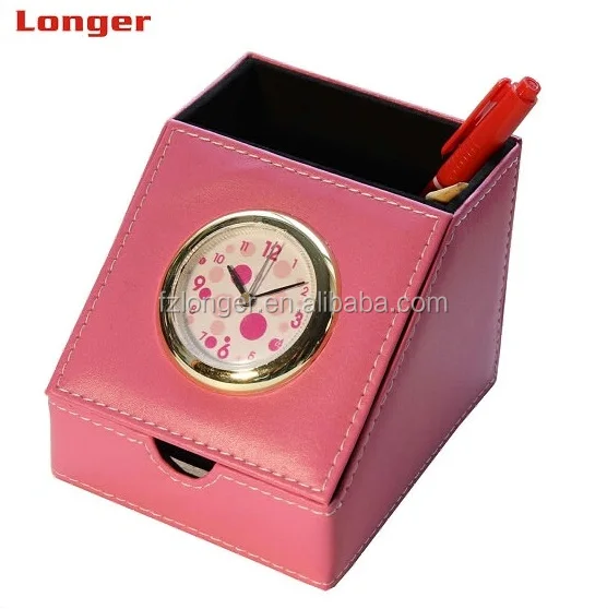 LG-B001 Pu leather handmade rectangle table deco plastic pen holder alarm clock for car remote storage box for office use