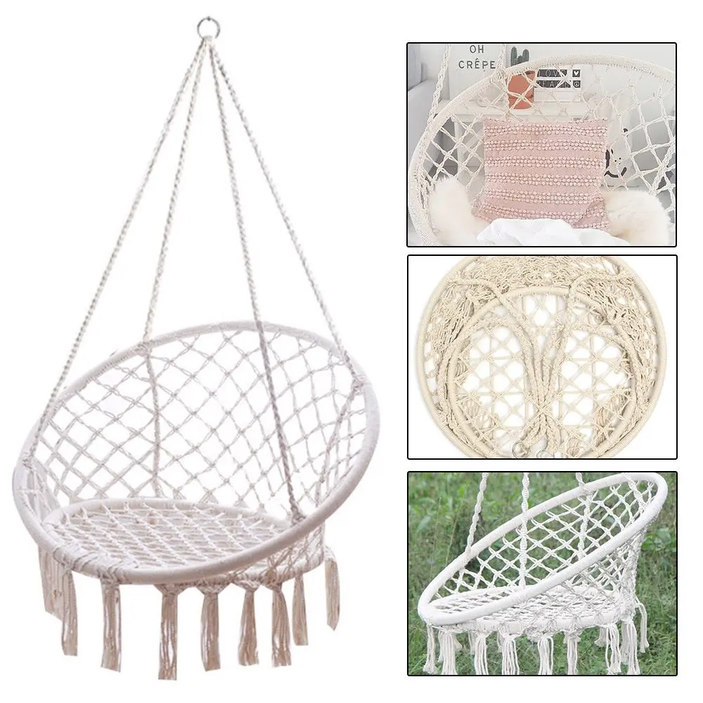 White macrame hammock outdoor swing chair with fringe