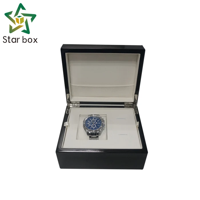 
HSMA luxury watch storage packaging black glossy lacquer wooden watch gift box with removable insert 