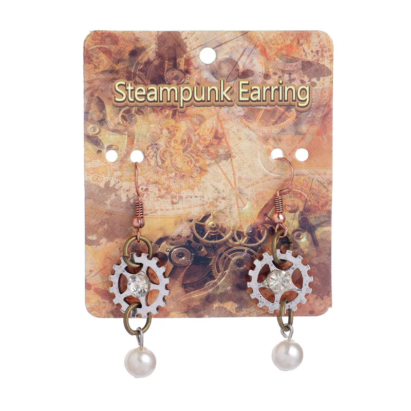 Fashion Ethnic Round Gears Crystal Pearl Dangle Earrings For Women Steampunk Ear Vintage Gold Silver Steam Punk Jewelry