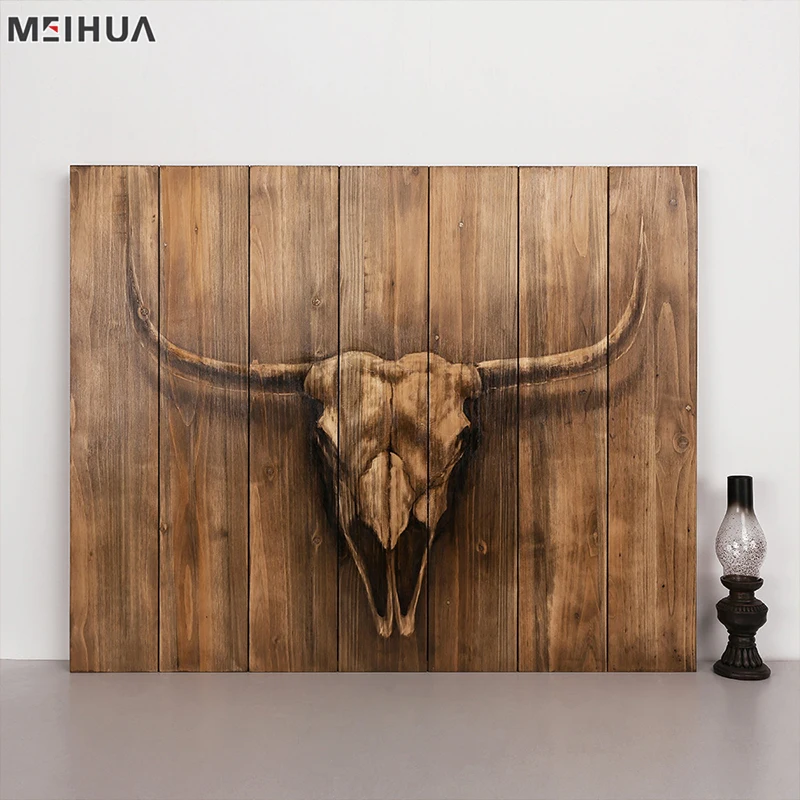 Hot Wholesalers Home Decoration Oil Pine Wood Modern Woodcut Bull Prints Carving Wall Art Animal 76x60 or Customized Meihua