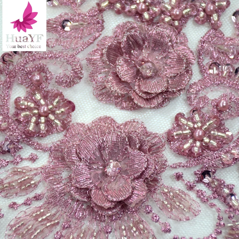 Latest products pink flower embroidery tulle fabric high quality bridal lace with beads fabric in market HY0993-1