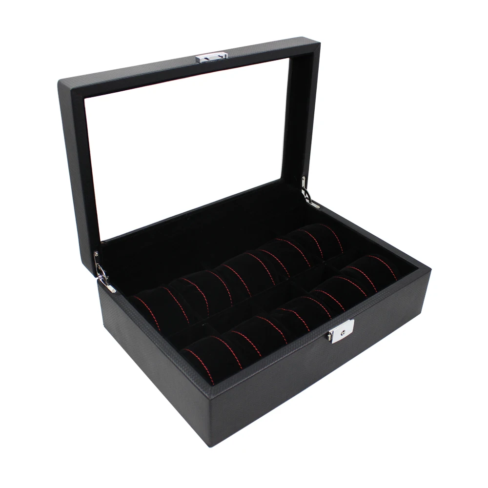 Custom Luxury High End Display Wooden Watch Box Window Carbon fiber 5 slots Watch Box