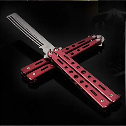 Hairbrush Red Stunning Practice Training Stainless Steel Butterfly Knife Outdoor Comb Combo Pocket Long Round Handle Holder