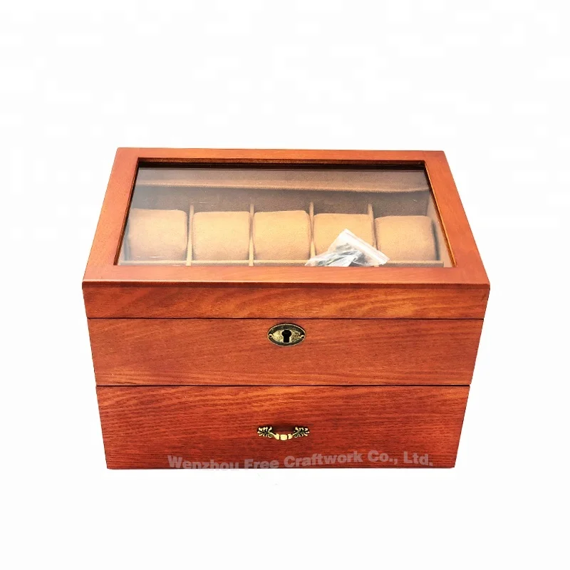 Factory Custom Luxury Solid Wood Watch Gift Box With Drawer Wooden Display Watch Storage Key Lock Box