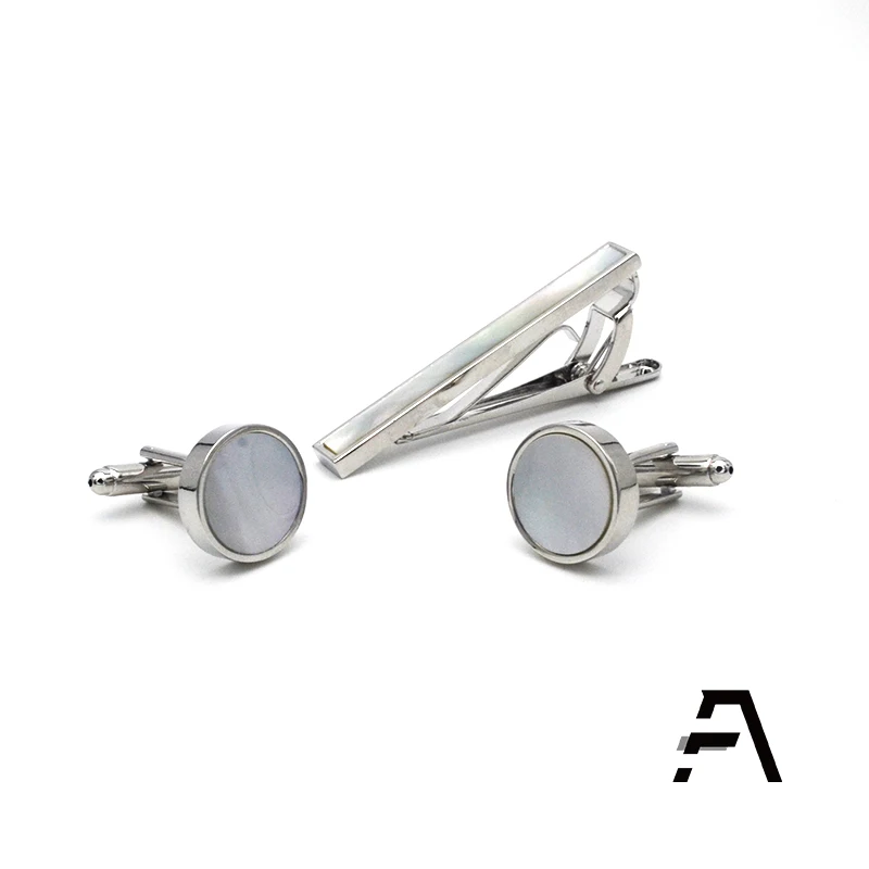 Jewelry Stainless Steel  Mother of Pearl cufflink and tie clip set
