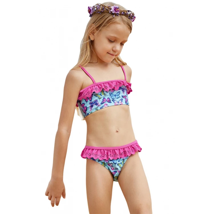 
2019 Kids Bikini Little Girls Swimwear High Waist Butterfly Printed Ruffles Bathing Suits Sexy Two Piece Swimwear 