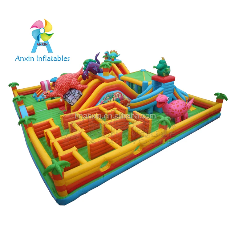 luxury maze playground inflatable dinosaur bouncer with small slide for kids, inflatable playing house tent with arched gate