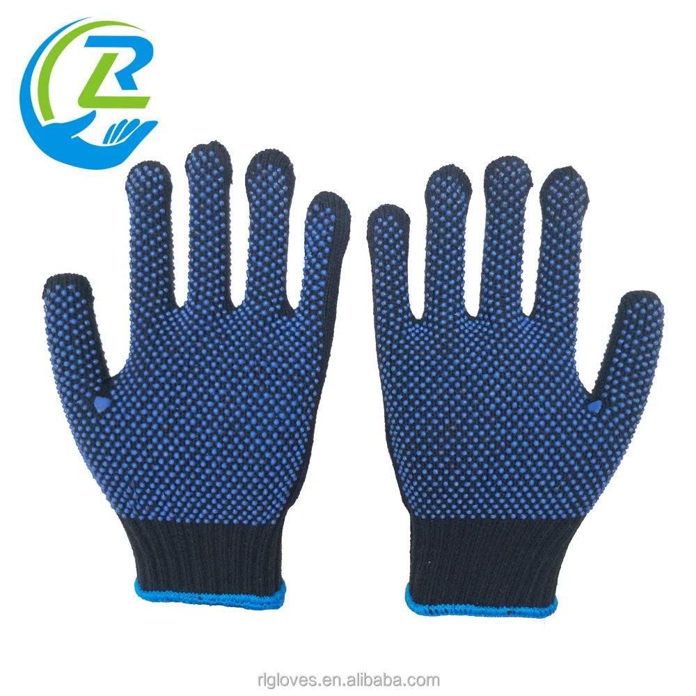 10 gauge cotton Polyester Knitted double side non slip blue PVC dots coated breathable labour safety working hand gloves