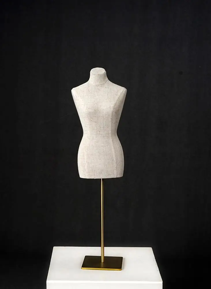 linen fabric cover female mini bust mannequins with gold base