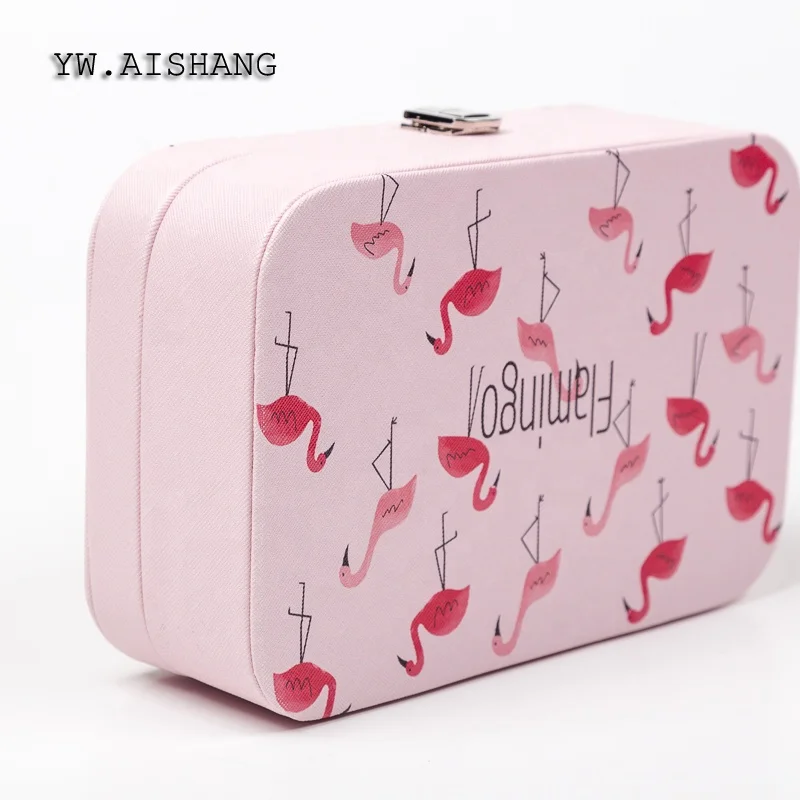 
Hot Sale Ins Style Flamingo Imprint Jewelry Organizer Pink Leather Travel Jewelry Case For Lady 