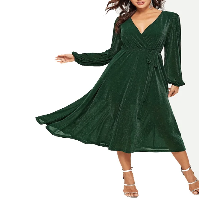 Новейшее красивое блестящее вечернее женское платье миди с воротником-стойкой и поясом