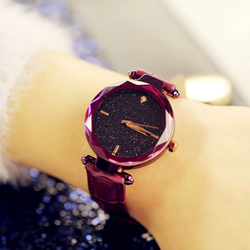 2018top brand attractive design lady watch rose gold star-studded face hombre reloj prism-shaped bezel fashion leather orologio