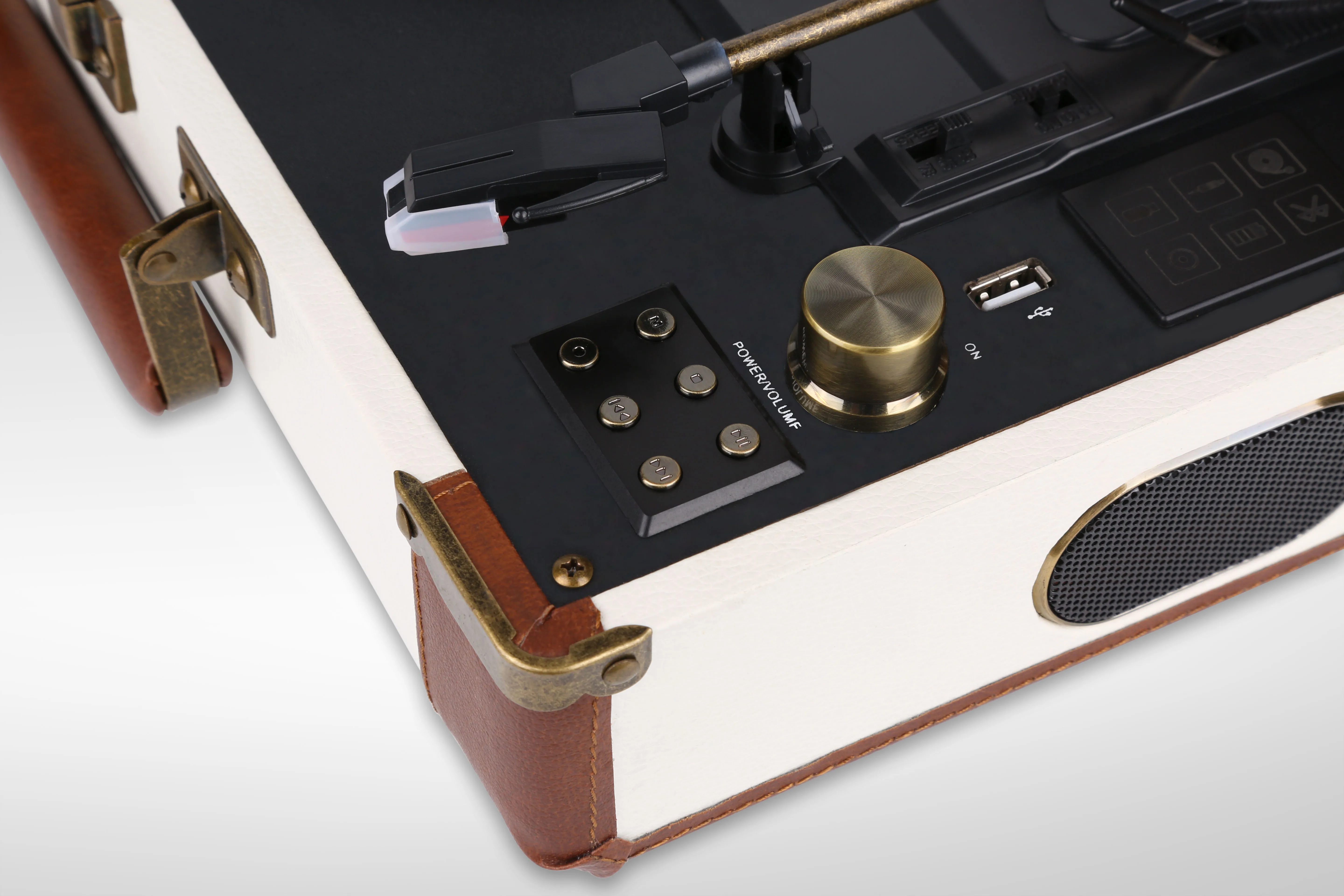 
Cream Leather USB Record Turntable player Vinyl Inbuilt Battery 2700MAH inbuilt Speaker 3W*2 AUX IN AUX OUT Auto stop/Earphone 