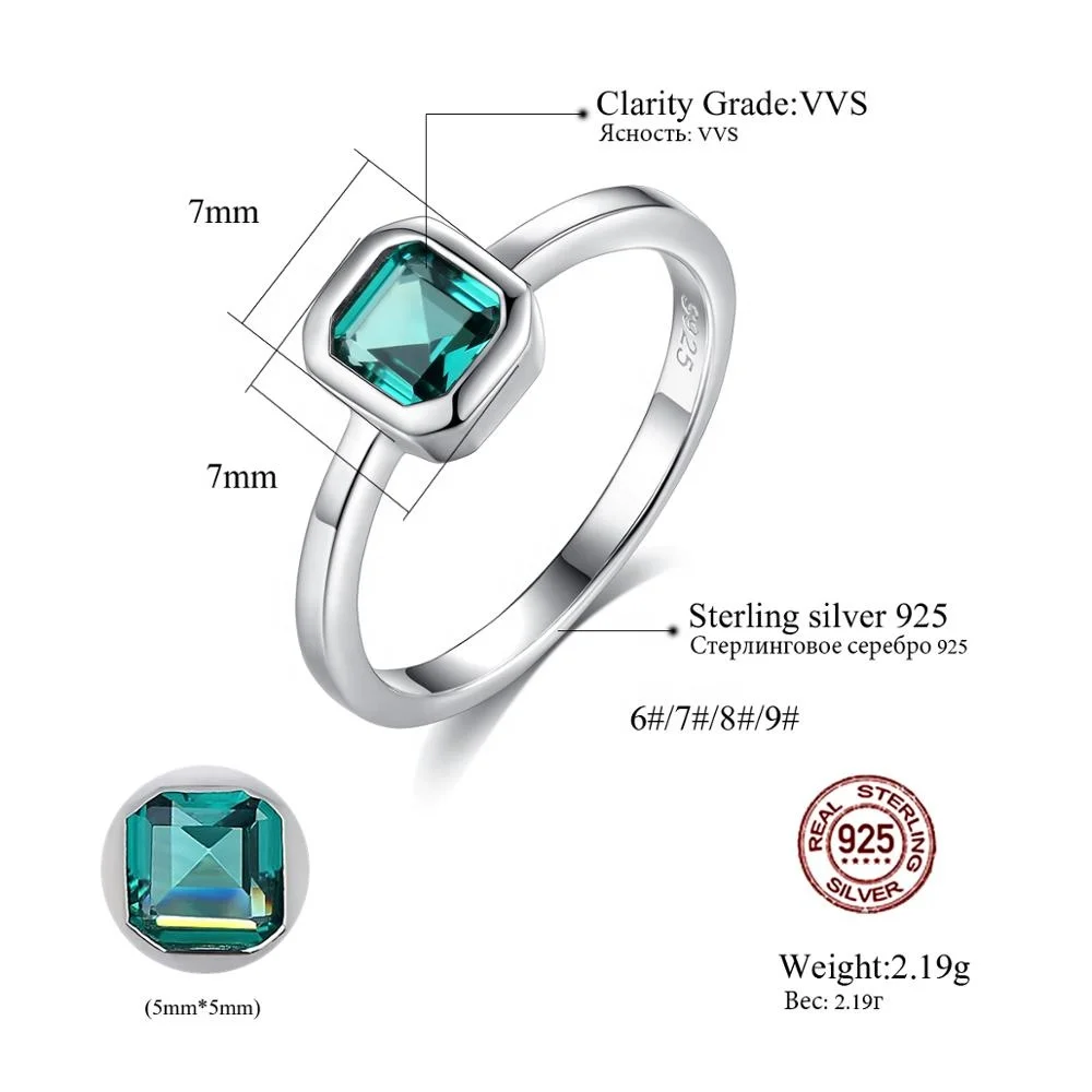 CZCITY Sterling Silver Woman Jewelry Emrald Princess 925 Square Emerald Stone Girl Gemstone Ring Fashion