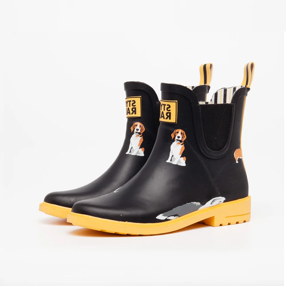 
black upper yellow rubber outsole lovely dog printed chelsea style elastic gore new style girls rain boot shoes wellies 