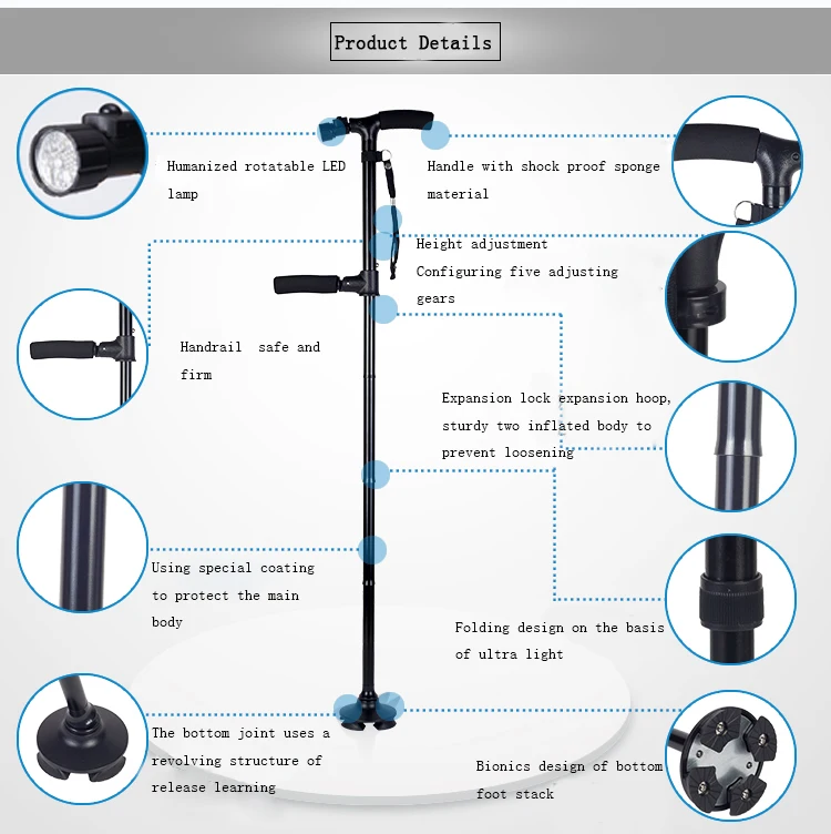 Factory Outlet Low Price Practical Double Handle Adjustable Walking Cane With Light
