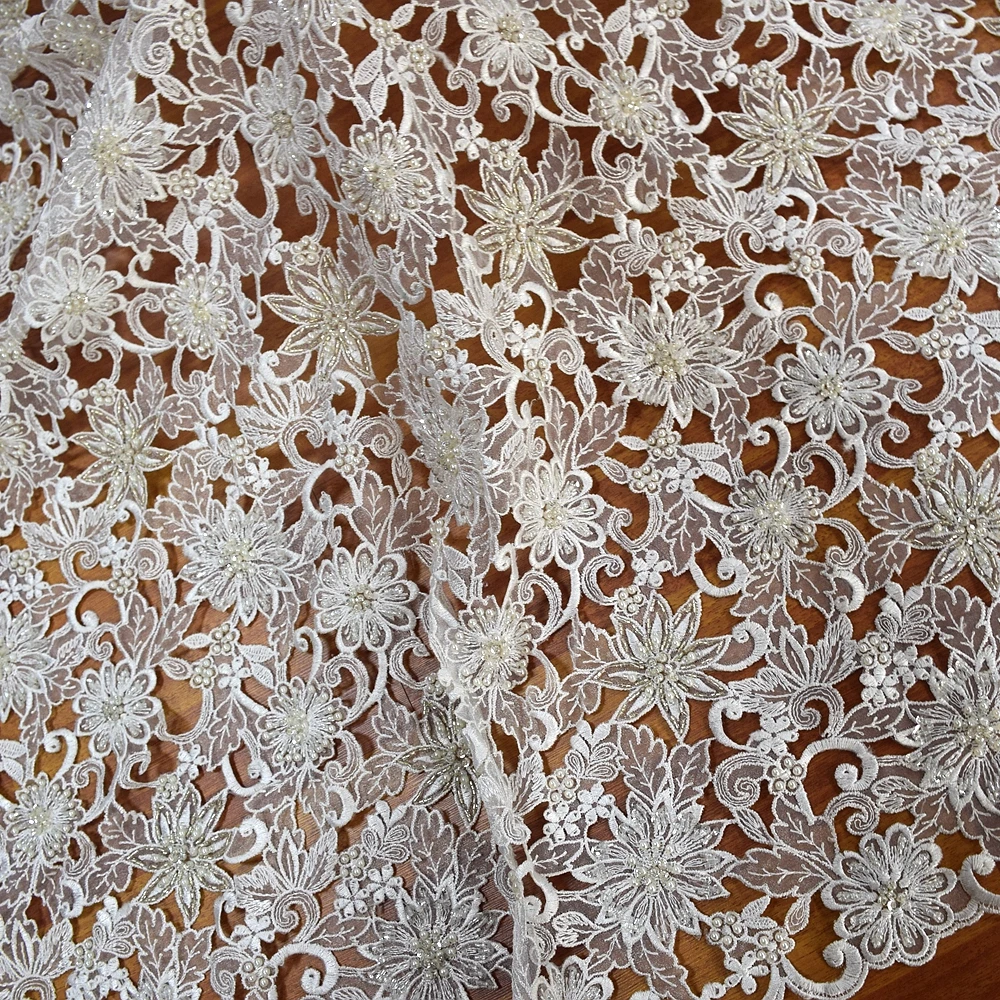 New design french white organza hand cut 3d sequin lace fabric beads bridal with pearls for wedding lace dress fabric HY0844-3