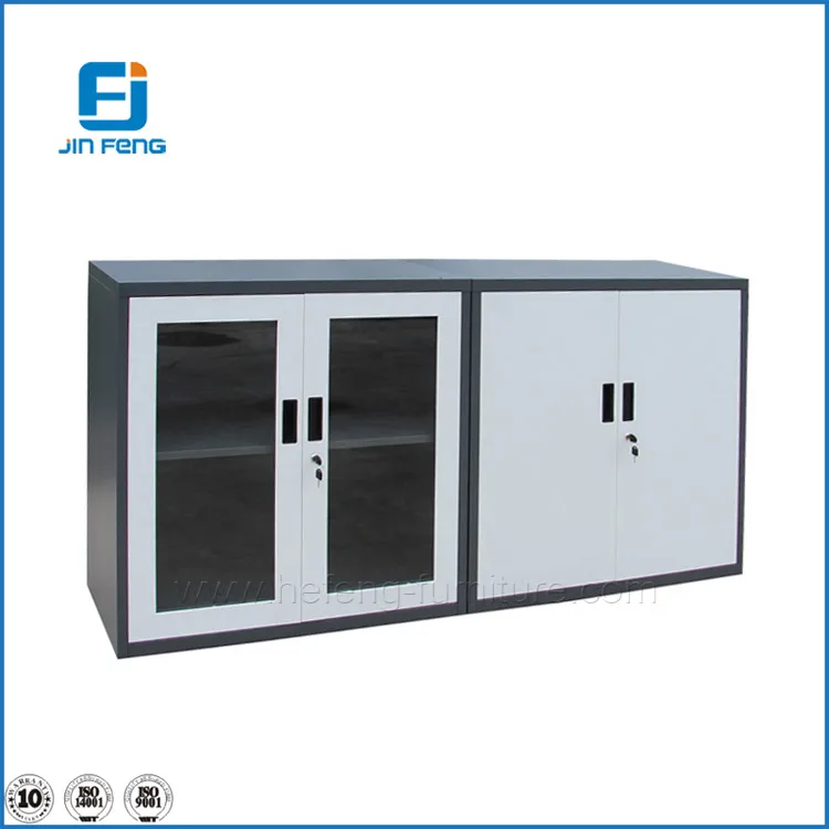 Small 2 Doors Glass Glass Front Locking Low Storage Cabinet