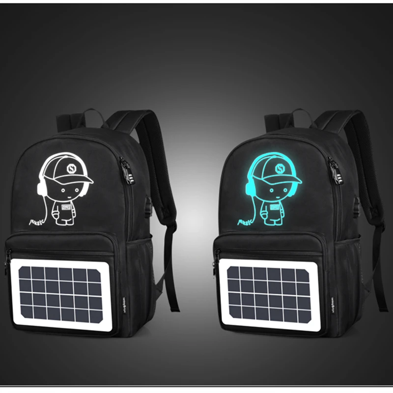 Black Anti-Theft Outdoor Water Resistant Luminous Logo Solar Panel Backpack With USB Charger