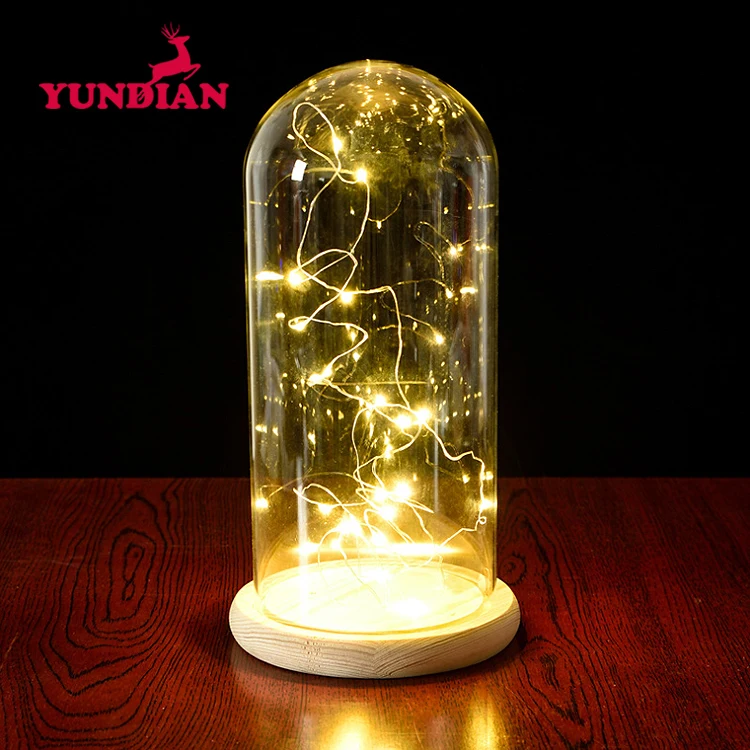 Wholesale Different Size Large Display Bell Cloche Jar Transparent Clear Glass Dome With Led Lights And Wood Base For Home Decor