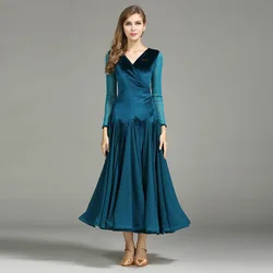YF-MY750 Women Ladies Adults Velvet Gauze Grid Splicing Dancing Dress Waltz Tango Ballroom Costume Evening Party V-neck Dress