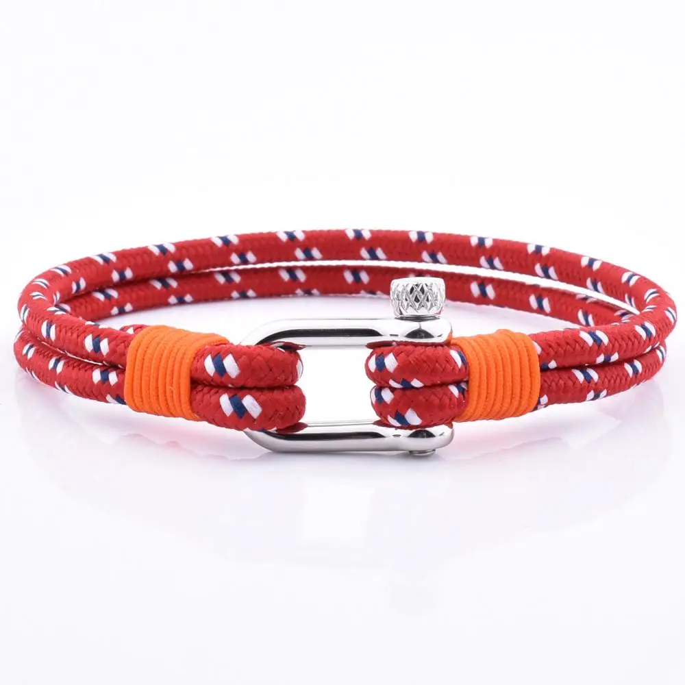Mens Handmade Jewelry Nylon Rope Cord Stainless Steel Shackle Charm Bracelet Red Cotton Rope Woven Bracelet
