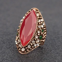 2018 Bohemian Big Crystal Antique Gold Ring Luxury Textured Blue Stone Rings For Women Vintage Turkish Jewelry