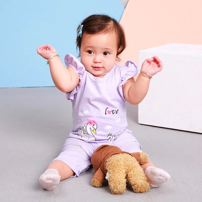 Purple girls garment with ruffles sleeve lovely swan pattern baby clothes