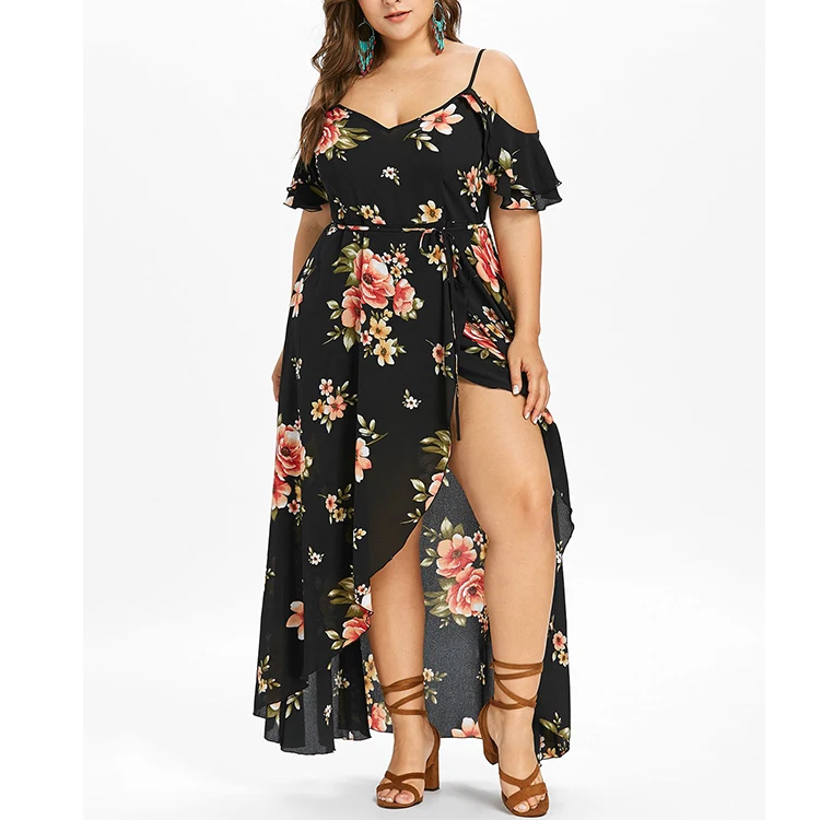 
Lady plus size floral print off shoulder dress 