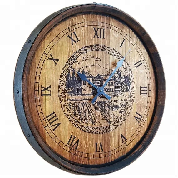 2024 Custom logo wall mounted vintage barrel top clock rustic home decor clocks